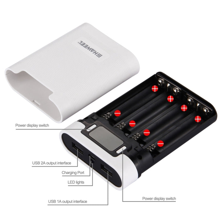 HAWEEL DIY 4 x 18650 batería (no incluida) 10000 mAh Power Bank Shell Box con 2 x salida USB y pantalla para iPhone, Galaxy, Sony, HTC, Google, Huawei, Xiaomi, Lenovo y otros teléfonos inteligentes