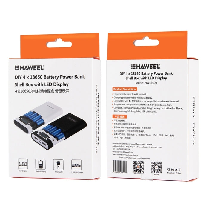 HAWEEL DIY 4 x 18650 batería (no incluida) 10000 mAh Power Bank Shell Box con 2 x salida USB y pantalla para iPhone, Galaxy, Sony, HTC, Google, Huawei, Xiaomi, Lenovo y otros teléfonos inteligentes