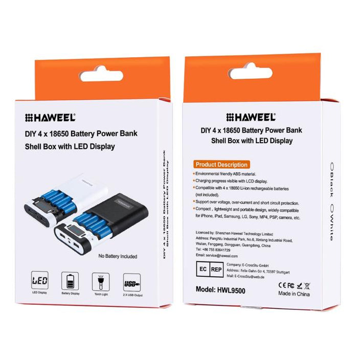 HAWEEL DIY 4 x 18650 batería (no incluida) 10000 mAh Power Bank Shell Box con 2 x salida USB y pantalla para iPhone, Galaxy, Sony, HTC, Google, Huawei, Xiaomi, Lenovo y otros teléfonos inteligentes