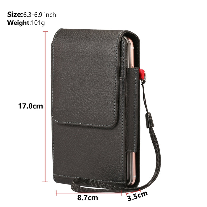 Para teléfonos de 6,7 pulgadas y menos Textura de litchi Multifuncional Universal Vertical Flip Vertical Doble celosía PU Funda de cuero Riñonera con ranura para tarjeta, clip para cinturón y cordón