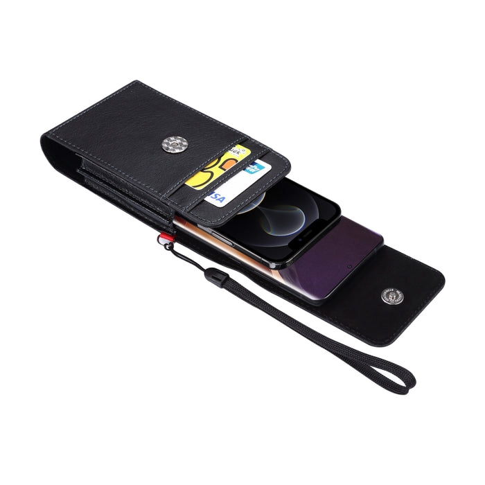 Para teléfonos de 6,7 pulgadas y menos Textura de litchi Multifuncional Universal Vertical Flip Vertical Doble celosía PU Funda de cuero Riñonera con ranura para tarjeta, clip para cinturón y cordón