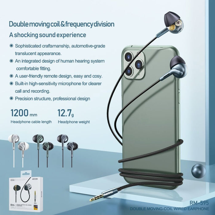 REMAX RM-595 Auricular intrauditivo estéreo de música de metal de doble acción con clavija dorada de 3,5 mm con control por cable + micrófono, soporte manos libres