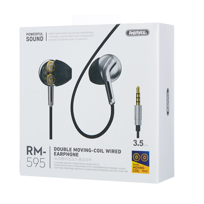 REMAX RM-595 Auricular intrauditivo estéreo de música de metal de doble acción con clavija dorada de 3,5 mm con control por cable + micrófono, soporte manos libres