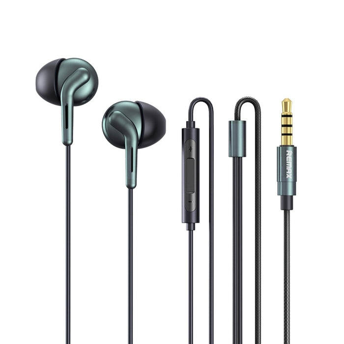 REMAX RM-595 Auricular intrauditivo estéreo de música de metal de doble acción con clavija dorada de 3,5 mm con control por cable + micrófono, soporte manos libres