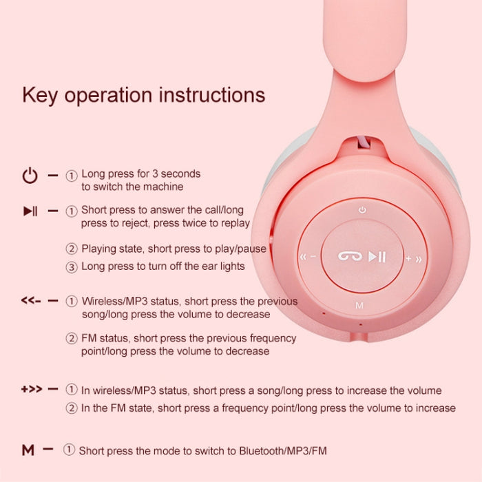 Auriculares Bluetooth plegables de color puro con orejas de gato luminosas M6 con conector de 3,5 mm y ranura para tarjeta TF