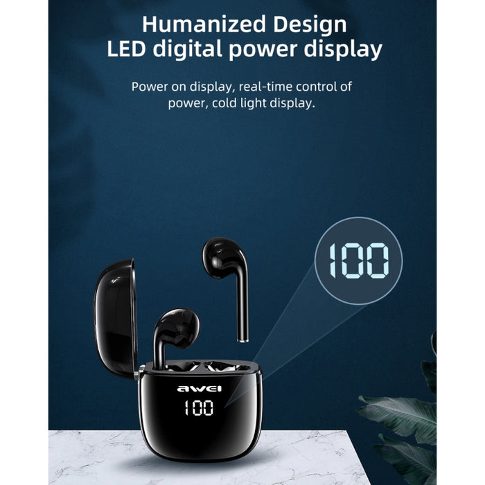 awei T28P Bluetooth V5.0 TWS Ture Auriculares inalámbricos deportivos con pantalla LED y estuche de carga