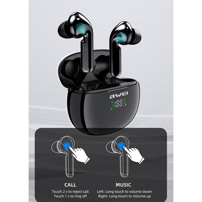 awei T15P Bluetooth V5.0 TWS Ture Auriculares inalámbricos deportivos con pantalla LED y estuche de carga