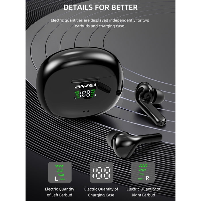 awei T15P Bluetooth V5.0 TWS Ture Auriculares inalámbricos deportivos con pantalla LED y estuche de carga