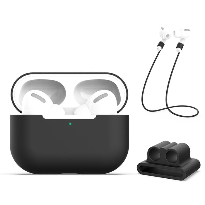 Para AirPods Pro 3 en 1 Funda protectora de silicona para auriculares + Hebilla para auriculares + Juego de cuerda antipérdida