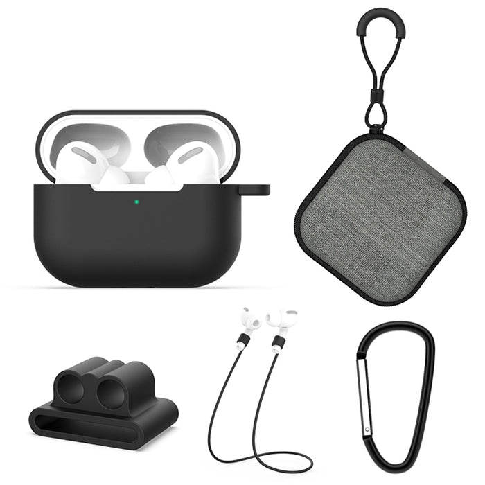 Para AirPods Pro 5 en 1 funda protectora de silicona para auriculares + bolsa para auriculares + hebilla para auriculares + gancho + juego de cuerda antipérdida