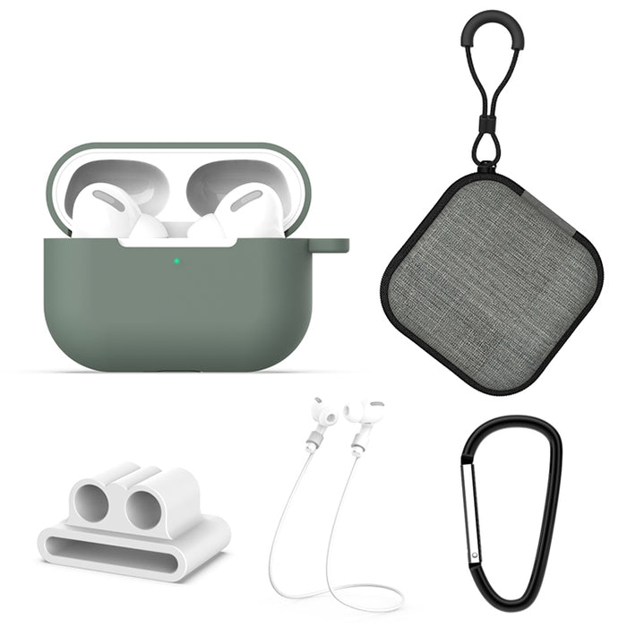 Para AirPods Pro 5 en 1 funda protectora de silicona para auriculares + bolsa para auriculares + hebilla para auriculares + gancho + juego de cuerda antipérdida