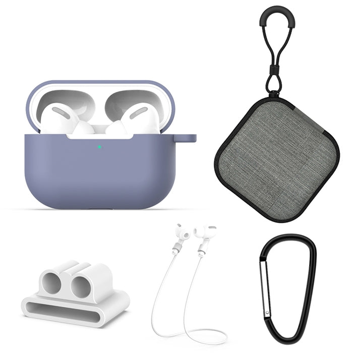 Para AirPods Pro 5 en 1 funda protectora de silicona para auriculares + bolsa para auriculares + hebilla para auriculares + gancho + juego de cuerda antipérdida