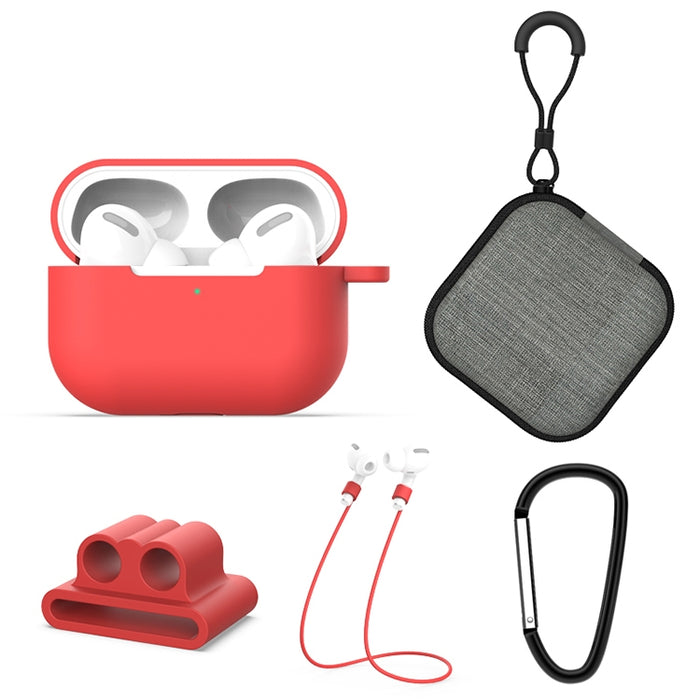 Para AirPods Pro 5 en 1 funda protectora de silicona para auriculares + bolsa para auriculares + hebilla para auriculares + gancho + juego de cuerda antipérdida