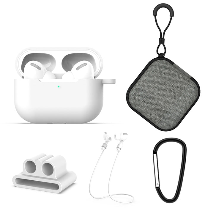 Para AirPods Pro 5 en 1 funda protectora de silicona para auriculares + bolsa para auriculares + hebilla para auriculares + gancho + juego de cuerda antipérdida