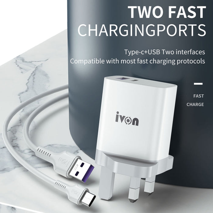 IVON AD52 18W USB-C / Type-C + USB Doble Puerto PD Carga Rápida