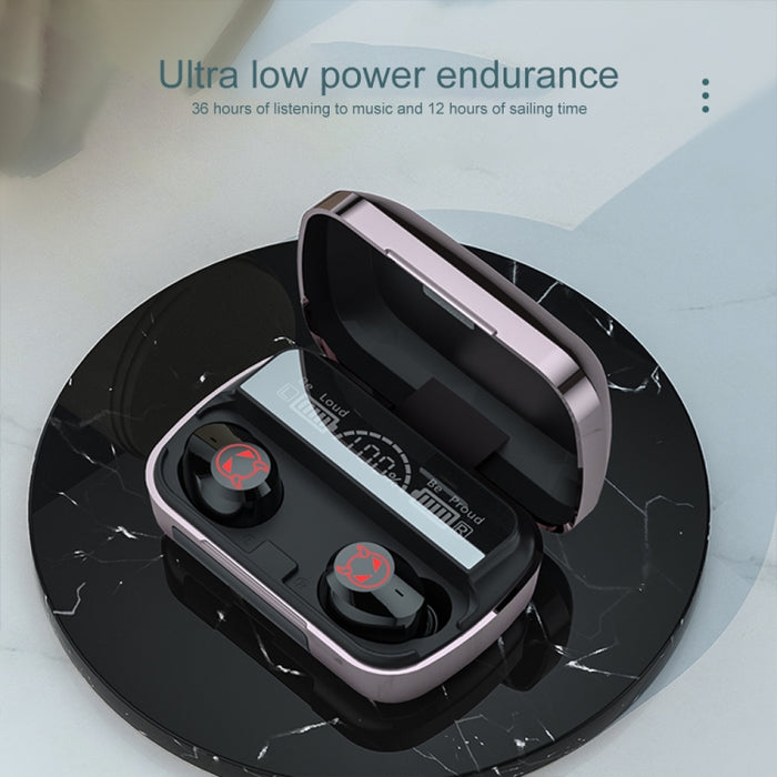 Auricular Bluetooth táctil inteligente con reducción de ruido M23 Little Devil Pattern con pantalla de batería de tres pantallas y caja de carga de espejo, compatible con llamadas HD y Siri