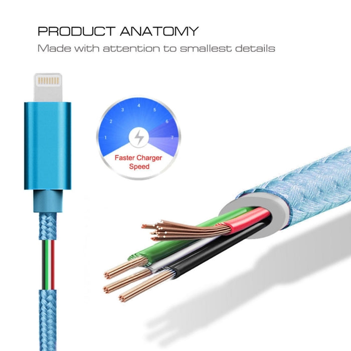 Cable de datos/cargador USB con cabezal metálico de 8 pines a USB, estilo tejido, 3 m, 3 A