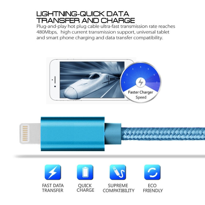 Cable de datos/cargador USB con cabezal metálico de 8 pines a USB, estilo tejido, 3 m, 3 A