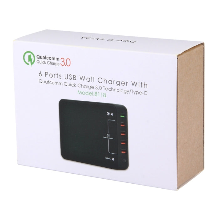 Q8118 1 Carga Rápida 3.0 + 4 USB de Identificación Inteligente + 1 Cargador USB de Escritorio USB-C / Type-C 3.1