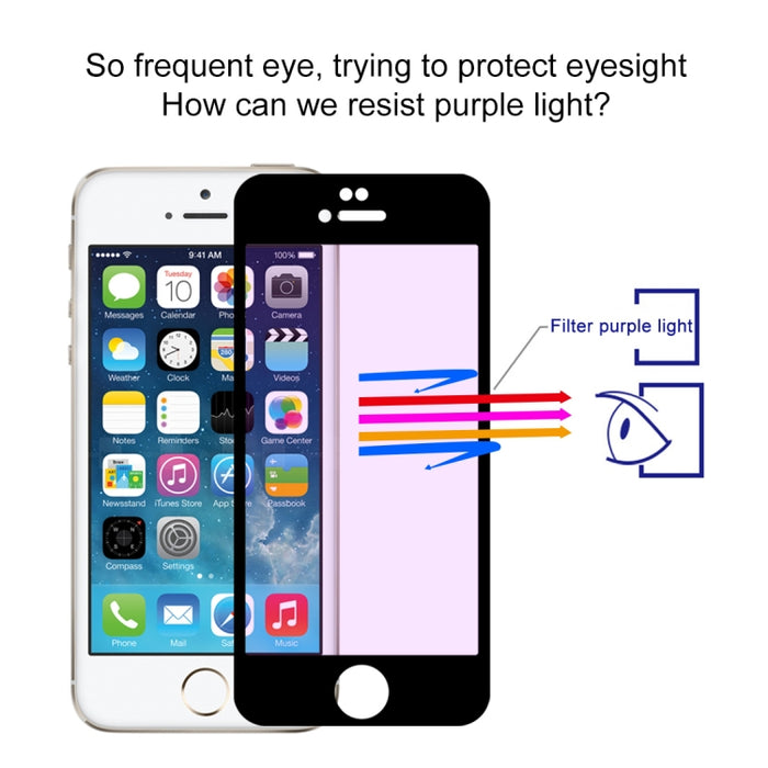 Película de vidrio templado de rayos púrpuras de pantalla completa antirrayas 9H 10D para iPhone 6 y 6S