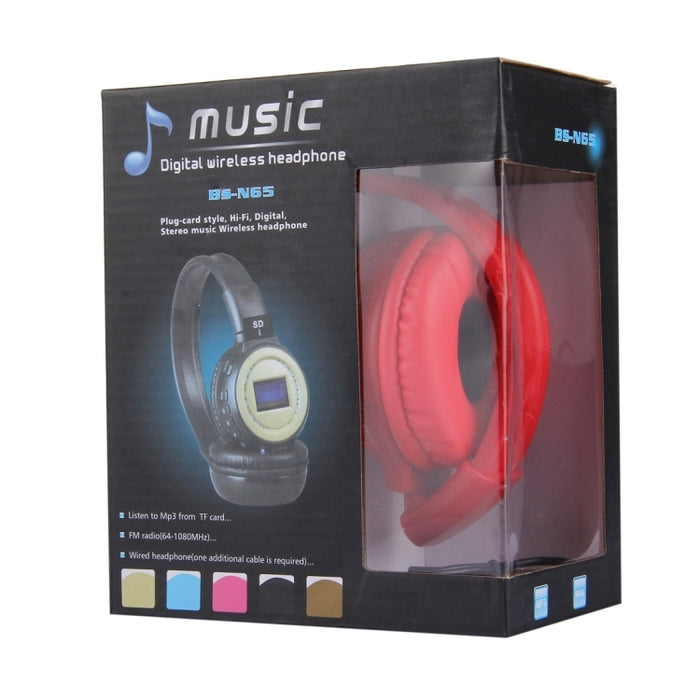 BS-N65 Auriculares inalámbricos estéreo de alta fidelidad plegables con diadema con pantalla LCD, ranura para tarjeta TF, luz indicadora LED y función FM