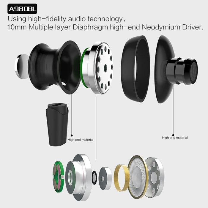 Auricular Bluetooth magnético deportivo inalámbrico AWEI A980BL con control de cable, compatible con llamada manos libres