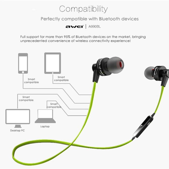 AWEI A990BL Auricular estéreo Bluetooth inalámbrico deportivo con control de cable + micrófono, compatible con llamadas manos libres