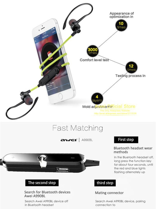 AWEI A990BL Auricular estéreo Bluetooth inalámbrico deportivo con control de cable + micrófono, compatible con llamadas manos libres