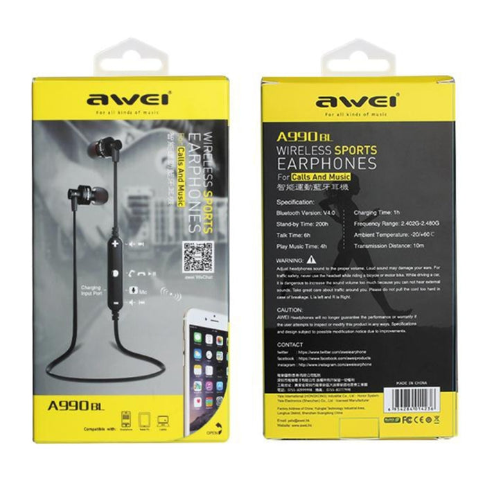AWEI A990BL Auricular estéreo Bluetooth inalámbrico deportivo con control de cable + micrófono, compatible con llamadas manos libres