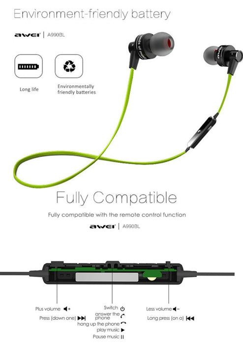 AWEI A990BL Auricular estéreo Bluetooth inalámbrico deportivo con control de cable + micrófono, compatible con llamadas manos libres