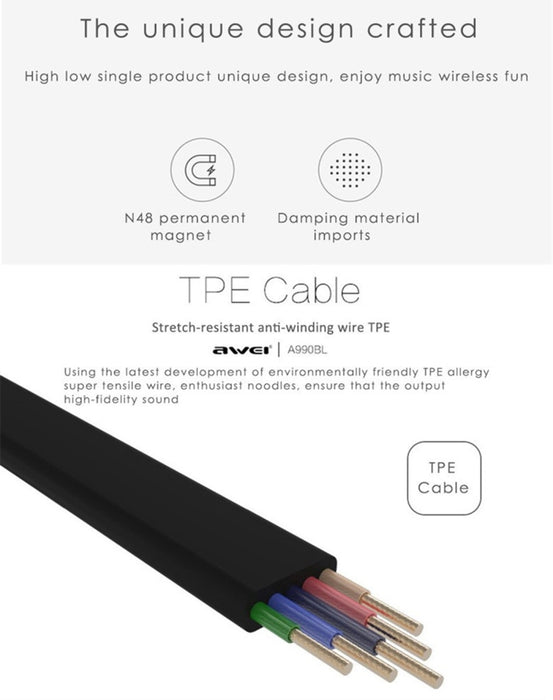 AWEI A990BL Auricular estéreo Bluetooth inalámbrico deportivo con control de cable + micrófono, compatible con llamadas manos libres