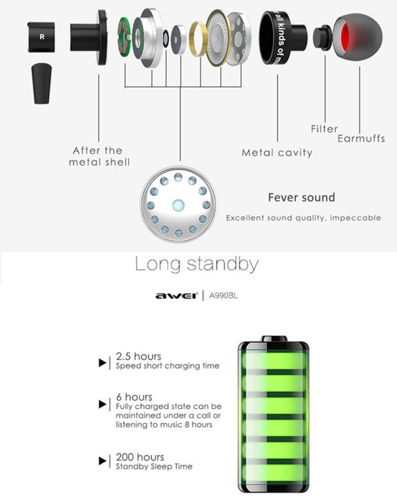 AWEI A990BL Auricular estéreo Bluetooth inalámbrico deportivo con control de cable + micrófono, compatible con llamadas manos libres