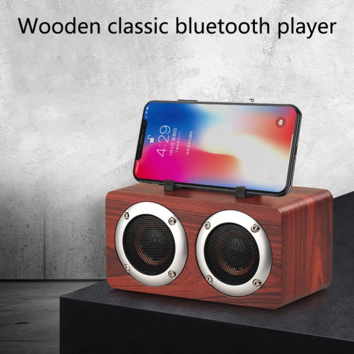 Altavoz Bluetooth estéreo portátil de madera W5B con doble bocina y soporte para teléfono, compatible con tarjeta TF/AUX