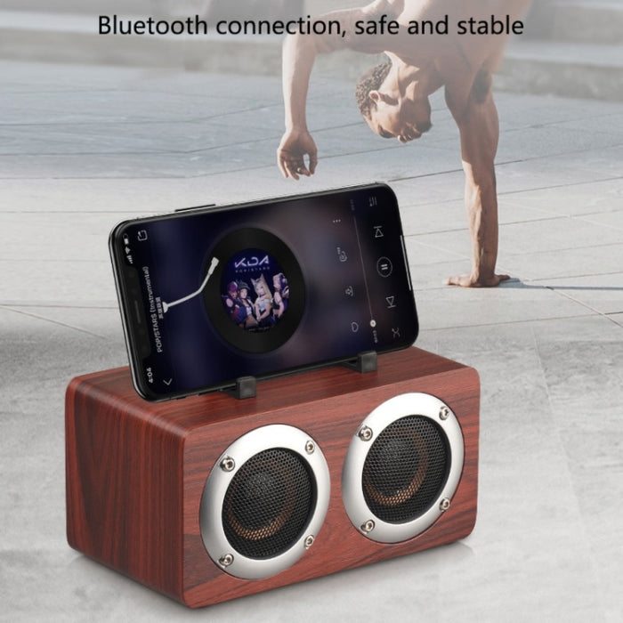 Altavoz Bluetooth estéreo portátil de madera W5B con doble bocina y soporte para teléfono, compatible con tarjeta TF/AUX