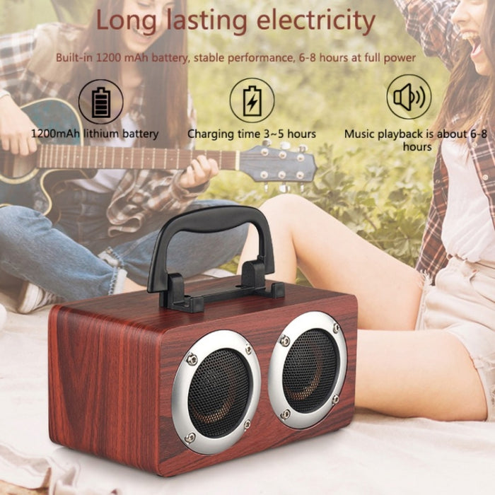 Altavoz Bluetooth estéreo portátil de madera W5B con doble bocina y soporte para teléfono, compatible con tarjeta TF/AUX