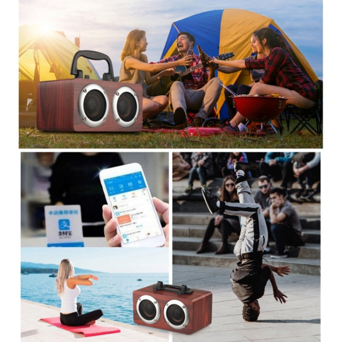 Altavoz Bluetooth estéreo portátil de madera W5B con doble bocina y soporte para teléfono, compatible con tarjeta TF/AUX