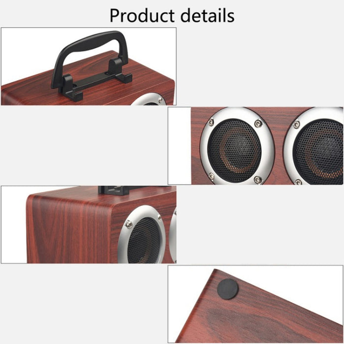 Altavoz Bluetooth estéreo portátil de madera W5B con doble bocina y soporte para teléfono, compatible con tarjeta TF/AUX
