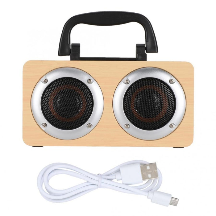 Altavoz Bluetooth estéreo portátil de madera W5B con doble bocina y soporte para teléfono, compatible con tarjeta TF/AUX