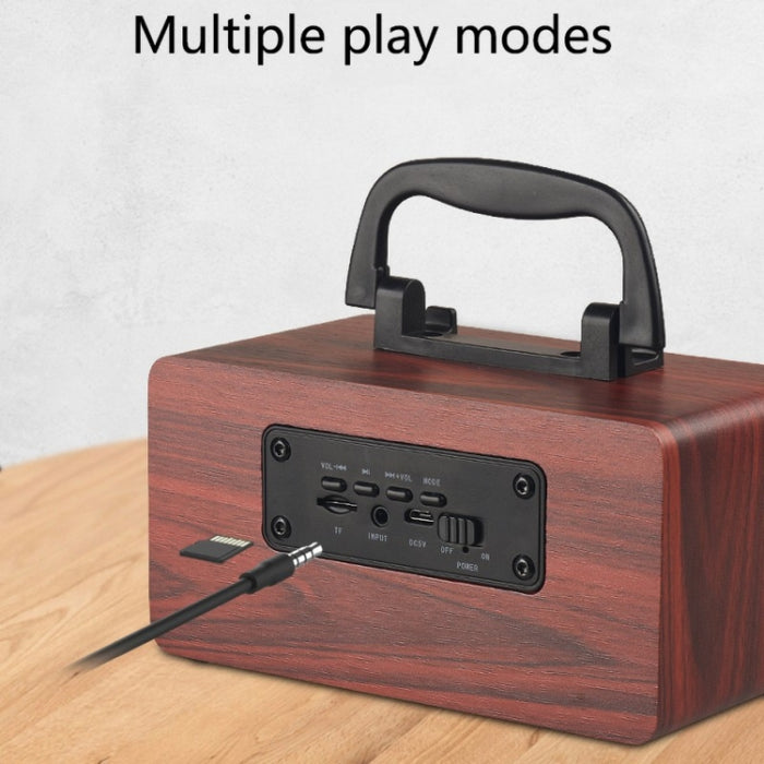 Altavoz Bluetooth estéreo portátil de madera W5B con doble bocina y soporte para teléfono, compatible con tarjeta TF/AUX