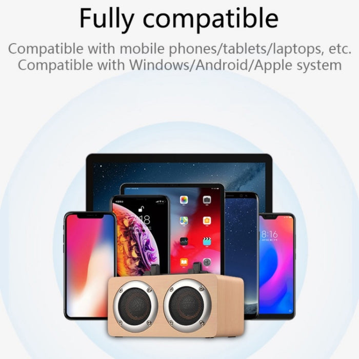 Altavoz Bluetooth estéreo portátil de madera W5B con doble bocina y soporte para teléfono, compatible con tarjeta TF/AUX