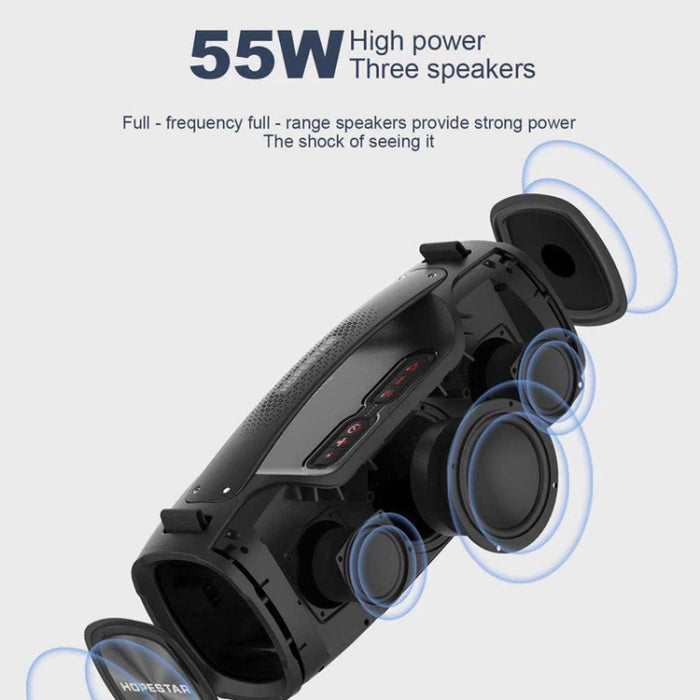 Altavoz Bluetooth portátil para exteriores HOPESTAR A6X TWS con luces musicales coloridas, soporte para banco de energía, llamadas manos libres, disco U, tarjeta TF y AUX de 3,5 mm