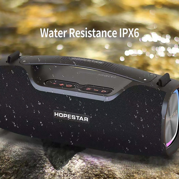 Altavoz Bluetooth portátil para exteriores HOPESTAR A6X TWS con luces musicales coloridas, soporte para banco de energía, llamadas manos libres, disco U, tarjeta TF y AUX de 3,5 mm