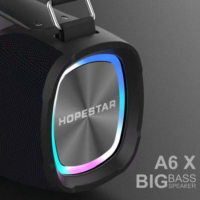 Altavoz Bluetooth portátil para exteriores HOPESTAR A6X TWS con luces musicales coloridas, soporte para banco de energía, llamadas manos libres, disco U, tarjeta TF y AUX de 3,5 mm