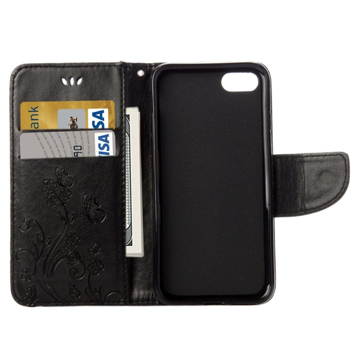 Para iPhone 8 y 7 Funda de cuero con tapa horizontal con flores prensadas con soporte, ranuras para tarjetas y billetera