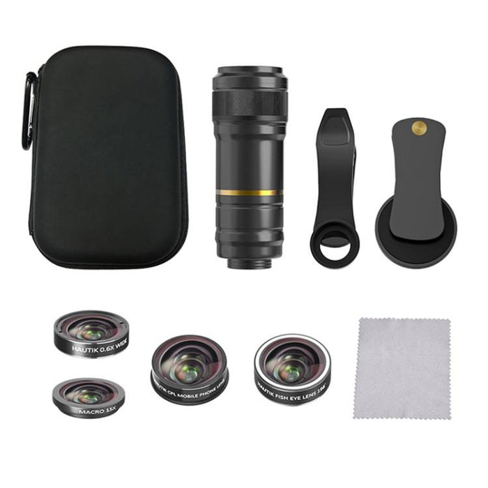 HAUTIK HK-002 Lente ojo de pez 5 en 1 de 180 grados + Lente macro y gran angular 0.65X + Teleobjetivo 12X + Kits de lentes Star Line
