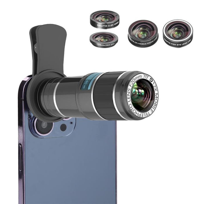 HAUTIK HK-002 Lente ojo de pez 5 en 1 de 180 grados + Lente macro y gran angular 0.65X + Teleobjetivo 12X + Kits de lentes Star Line