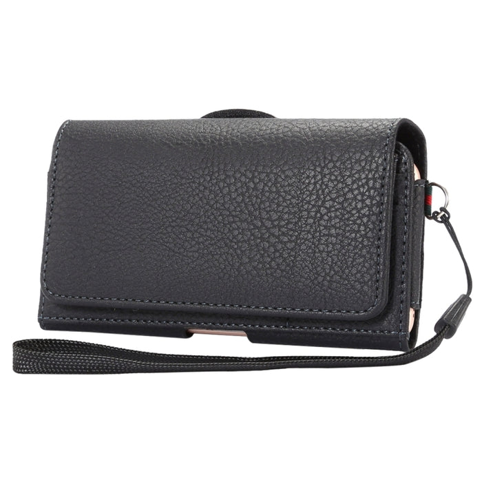 Funda / riñonera universal de cuero PU con textura de litchi vertical con tapa vertical y férula trasera y ranuras para tarjetas y cordón de 15 cm para iPhone 8, 7, 6s y 6, Galaxy SIV y SIII, Xiaomi Redmi 3 y 3X, tamaño: 14,3 x 7,5 x 1,5 cm