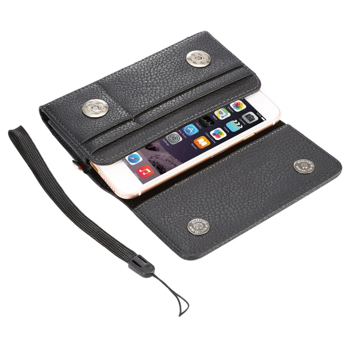 Funda / riñonera universal de cuero PU con textura de litchi vertical con tapa vertical y férula trasera y ranuras para tarjetas y cordón de 15 cm para iPhone 8, 7, 6s y 6, Galaxy SIV y SIII, Xiaomi Redmi 3 y 3X, tamaño: 14,3 x 7,5 x 1,5 cm