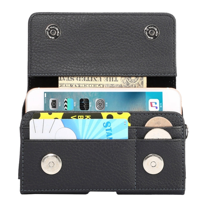 Funda / riñonera universal de cuero PU con textura de litchi vertical con tapa vertical y férula trasera y ranuras para tarjetas y cordón de 15 cm para iPhone 8, 7, 6s y 6, Galaxy SIV y SIII, Xiaomi Redmi 3 y 3X, tamaño: 14,3 x 7,5 x 1,5 cm