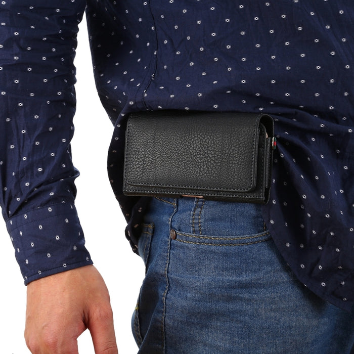 Funda / riñonera universal de cuero PU con textura de litchi vertical con tapa vertical y férula trasera y ranuras para tarjetas y cordón de 15 cm para iPhone 8, 7, 6s y 6, Galaxy SIV y SIII, Xiaomi Redmi 3 y 3X, tamaño: 14,3 x 7,5 x 1,5 cm